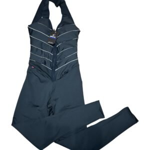 MACACÃO FITNESS LONGO FEMININO PRETO COM LISTRA AZUL