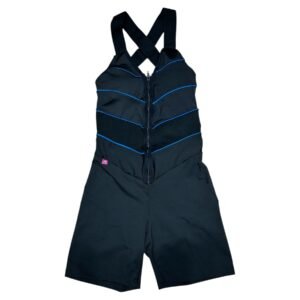 MACACÃO FITNESS CURTO FEMININO PRETO COM LISTRA FINA AZUL